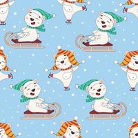 Seamless pattern with cute cartoon polar bears in winter sweaters skating and sledding under the snow vector