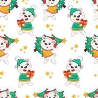 Seamless pattern with cute cartoon polar bears in winter sweaters getting ready for the new year, carrying gifts and Christmas trees vector