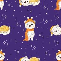 Seamless pattern with cute cartoon polar bears in winter sweaters sleeping under a blanket in a sleep cap vector