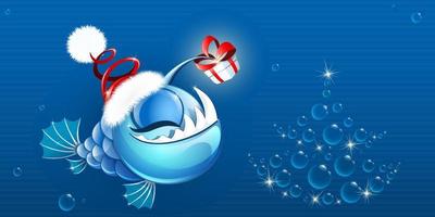 Funny cartoon anglerfish girl in Santa Claus hat and with shiny Christmas gift box on the lure lantern. Bubble Christmas tree. vector