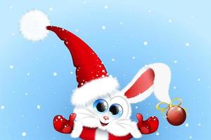 Cute cartoon funny white rabbit in Santa hat, mittens, coat and with Christmas ornament hanging on his ear vector