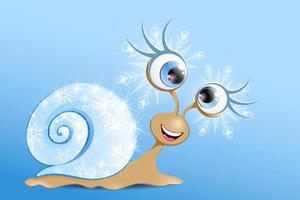 Funny cartoon light blue snail with snowflake shiny eyelashes and shell
