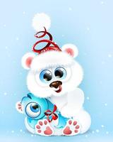 Cute fluffy winter cartoon little white bear in Santa hat holding a fish with bow vector