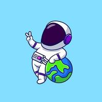 Cute Astronaut Peace Hand With Earth Cartoon Vector Icons Illustration. Flat Cartoon Concept. Suitable for any creative project.