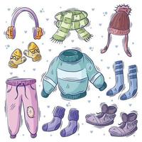 Hand drawn set of winter clothes doodle full color vector