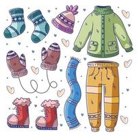 conjunto dibujado a mano de elementos esenciales de invierno doodle a todo color vector