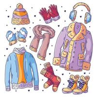conjunto dibujado a mano de ropa de invierno y elementos esenciales doodle a todo color vector