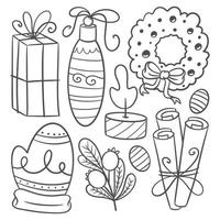 Hand drawn Christmas icons set in cartoon style for coloring vector