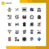 Pack of 25 Modern Filled line Flat Colors Signs and Symbols for Web Print Media such as planning development video develop globe Editable Vector Design Elements