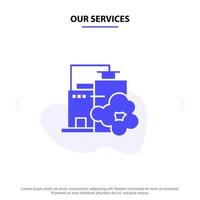 Our Services Factory Industry Landscape Pollution Solid Glyph Icon Web card Template vector