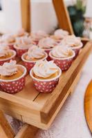 pastelitos gourmet con glaseado de crema de mantequilla blanca y chispas sobre fondo de madera foto