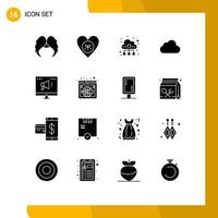 16 Thematic Vector Solid Glyphs and Editable Symbols of storage cloud heart cloud technology Editable Vector Design Elements