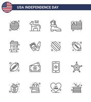 Set of 16 Modern Lines pack on USA Independence Day bottle juice boot drink usa Editable USA Day Vector Design Elements