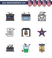 9 USA Flat Filled Line Signs Independence Day Celebration Symbols of christmas bell alert envelope democratic declaration Editable USA Day Vector Design Elements