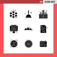 9 Icon Pack Solid Style Glyph Symbols on White Background Simple Signs for general designing Creative Black Icon vector background