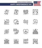 conjunto de 16 iconos del día de estados unidos símbolos americanos signos del día de la independencia para el teatro de adobe del corazón de plumas americanas elementos de diseño vectorial del día de estados unidos editables vector