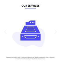 Our Services Files Accounting Accounts Data Database Inbox Storage Solid Glyph Icon Web card Template vector