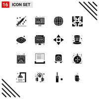 Mobile Interface Solid Glyph Set of 16 Pictograms of eye test medical globe play fun Editable Vector Design Elements