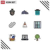 Group of 9 Modern Filledline Flat Colors Set for clip attachment trash office container Editable Vector Design Elements