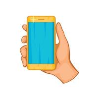 Mobile phone in hand icon, cartoon style vector