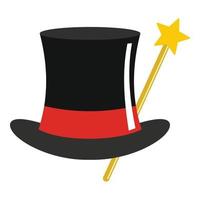 Hat with wand icon, cartoon style. vector