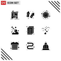 9 User Interface Solid Glyph Pack of modern Signs and Symbols of farming agriculture fireworks project processing Editable Vector Design Elements