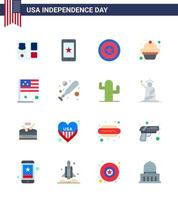paquete de 16 letreros planos de celebración del día de la independencia de EE. UU. Y símbolos del 4 de julio, como el día de la bandera, pastel de muffin, elementos de diseño vectorial editables del día de EE. UU. vector