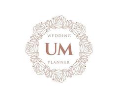 colección de logotipos de monograma de boda con letras iniciales de um, plantillas florales y minimalistas modernas dibujadas a mano para tarjetas de invitación, guardar la fecha, identidad elegante para restaurante, boutique, café en vector