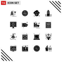 Set of 16 Vector Solid Glyphs on Grid for sport drink cd water store Editable Vector Design Elements