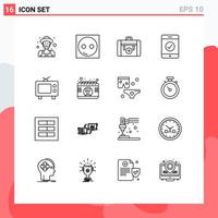 Universal Icon Symbols Group of 16 Modern Outlines of television mobile hardware complete hiking Editable Vector Design Elements