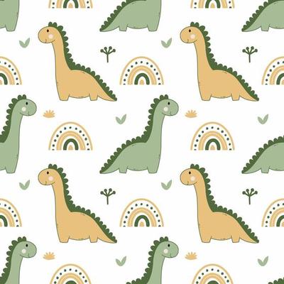 Dinosaur and rainbow. Cute baby pattern. Wallpaper in nursery. Printing on fabric and wrapping paper. Tailoring of children's clothing.