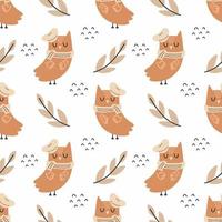 Owl in beret. Autumn illustration. Cute seamless pattern. Wallpaper for nursery. Printing on fabric and wrapping paper. vector