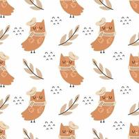 Owl in beret. Autumn illustration. Cute seamless pattern. Wallpaper for nursery. Printing on fabric and wrapping paper. vector