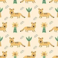 African tiger and palm trees. Seamless pattern. Jungles. Printing on fabric and wrapping paper. Background to  nursery. vector