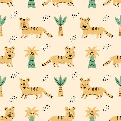 African tiger and palm trees. Seamless pattern. Jungles. Printing on fabric and wrapping paper. Background to  nursery.