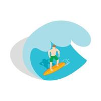 Surfer riding the wave icon, isometric 3d style vector