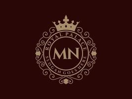 Letter MN Antique royal luxury victorian logo with ornamental frame. vector