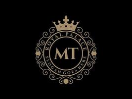 Letter MT Antique royal luxury victorian logo with ornamental frame. vector