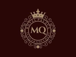 Letter MQ Antique royal luxury victorian logo with ornamental frame. vector