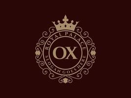 Letter OX Antique royal luxury victorian logo with ornamental frame. vector