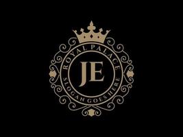 Letter JE Antique royal luxury victorian logo with ornamental frame. vector