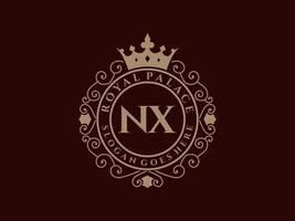 Letter NX Antique royal luxury victorian logo with ornamental frame. vector