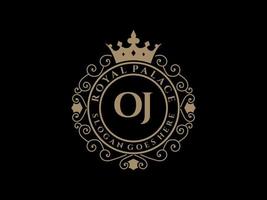 Letter OJ Antique royal luxury victorian logo with ornamental frame. vector