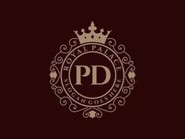 Letter PD Antique royal luxury victorian logo with ornamental frame. vector