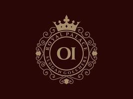 Letter OI Antique royal luxury victorian logo with ornamental frame. vector