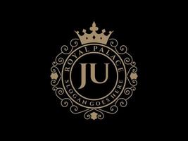 Letter JU Antique royal luxury victorian logo with ornamental frame. vector