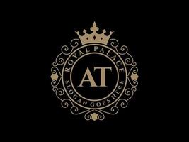 Letter AT Antique royal luxury victorian logo with ornamental frame. vector