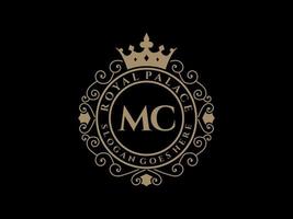 Letter MC Antique royal luxury victorian logo with ornamental frame. vector