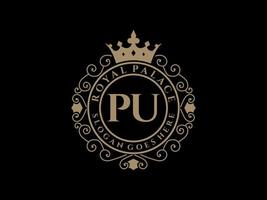 Letter PU Antique royal luxury victorian logo with ornamental frame. vector