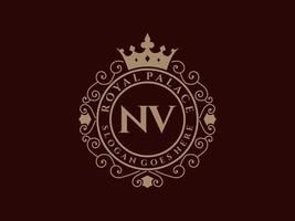 Letter NV Antique royal luxury victorian logo with ornamental frame. vector